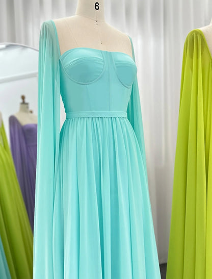 A-Line Evening Gown Elegant Cape Green Dress Formal Fall Floor Length Long Sleeve Square Neck Chiffon with Pleats