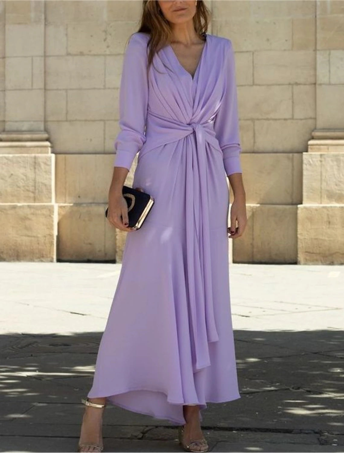 A-Line Mother of the Bride Dress Formal Wedding Guest Elegant V Neck Ankle Length Chiffon 3/4 Length Sleeve with Ruching Solid Color