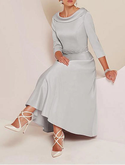 A-Line Mother of the Bride Dress Wedding Guest Vintage Plus Size Elegant Bateau Neck Tea Length Satin 3/4 Length Sleeve with Beading