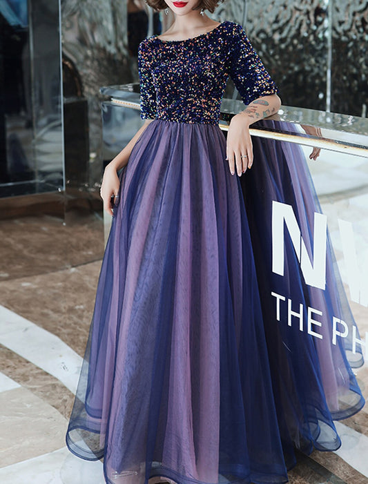 A-Line Evening Gown Sparkle Dress Wedding Guest Formal Evening Floor Length Half Sleeve Jewel Neck Tulle with Sequin