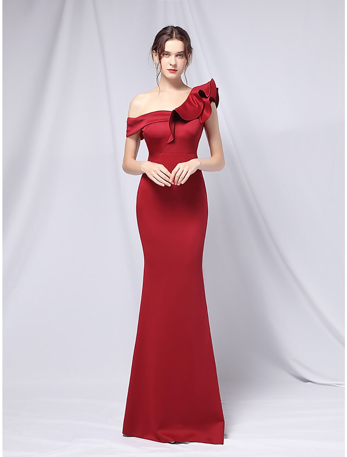 Mermaid Party Dress Evening Gown Empire Dress Wedding Guest Formal Evening Floor Length Short Sleeve One Shoulder Stretch Satin with Ruffles