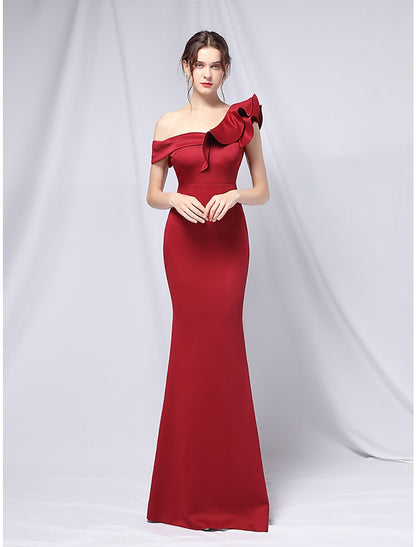 Mermaid Party Dress Evening Gown Empire Dress Wedding Guest Formal Evening Floor Length Short Sleeve One Shoulder Stretch Satin with Ruffles