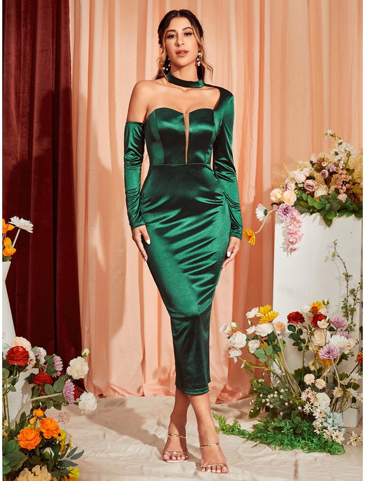 Mermaid / Trumpet Party Dresses Sexy Dress Wedding Party Tea Length Long Sleeve One Shoulder Stretch Satin with Ruched Slit