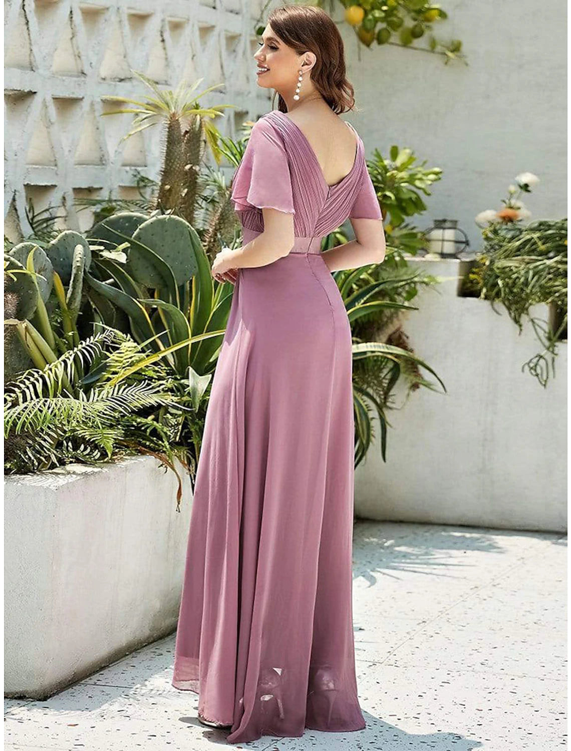 A-Line Evening Gown Empire Dress Wedding Guest Floor Length Short Sleeve V Neck Chiffon V Back with Ruffles Pure Color