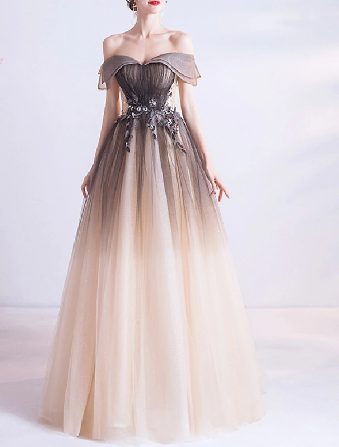 Ball Gown Princess Cute Prom Dress Off Shoulder Sleeveless Floor Length Tulle with Crystals Appliques