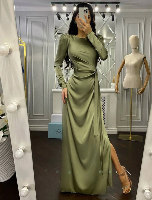 Sheath / Column Evening Gown Elegant Dress Wedding Guest Floor Length Long Sleeve High Neck Bridesmaid Dress Satin with Ruched