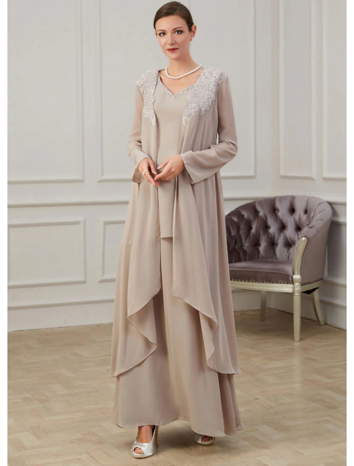 A-Line Mother of the Bride Dress Wedding Guest Elegant Jewel Neck Floor Length Chiffon Long Sleeve Jacket Dresses with Appliques Fall