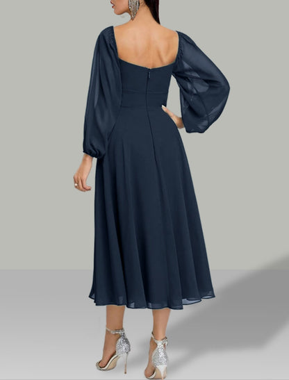 A-Line Wedding Guest Dresses Elegant Dress Holiday Fall Tea Length Long Sleeve Off Shoulder Chiffon with RuchedA-Line Wedding Guest Dresses Elegant Dress Holiday Fall Tea Length Long Sleeve Off Shoulder Chiffon with Ruched