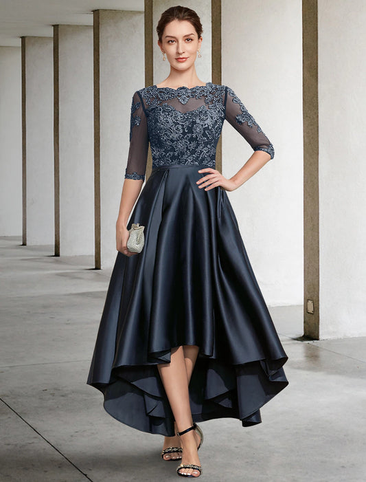 A-Line Mother of the Bride Dress Formal Wedding Guest Elegant Jewel Neck Asymmetrical Lace Italy Satin Half Sleeve with Lace Pleats