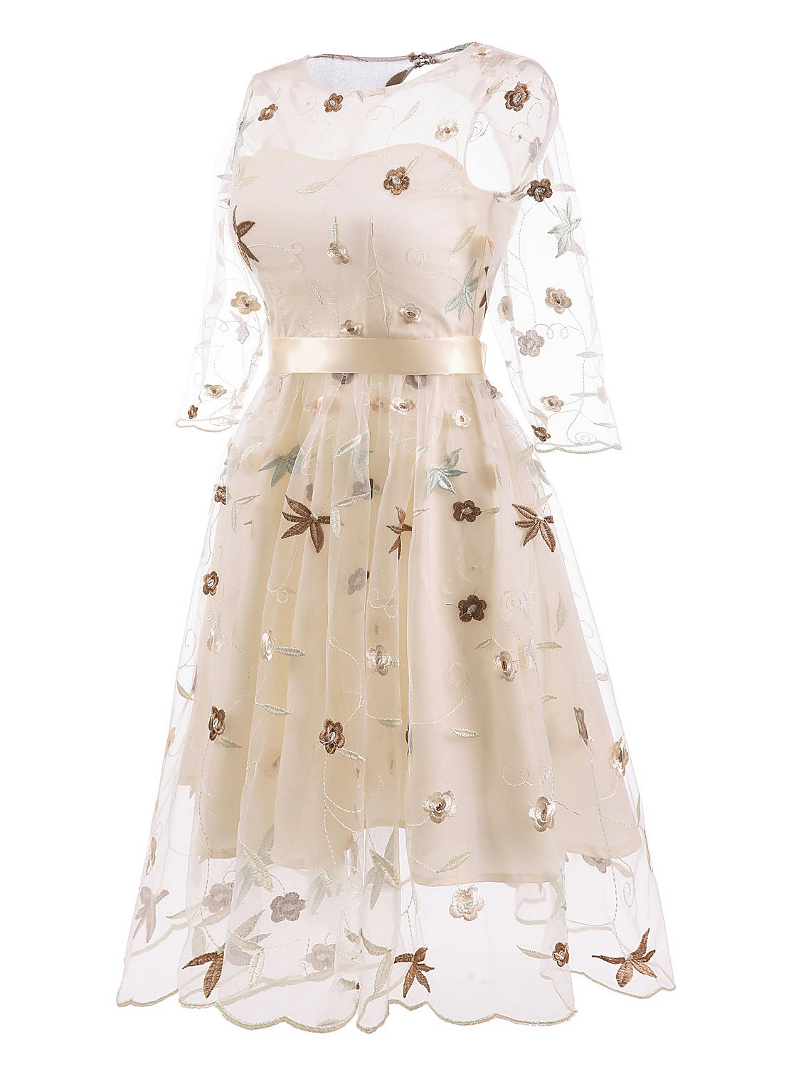 A-Line Cocktail Dresses Floral Dress Homecoming Knee Length Half Sleeve Jewel Neck Tulle with Embroidery Appliques