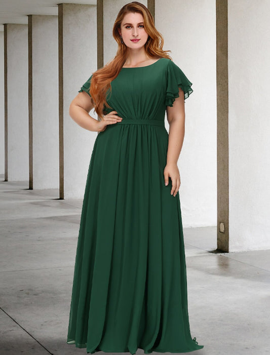 A-Line Plus Size Curve Mother of the Bride Dresses Elegant Dress Formal Floor Length Short Sleeve Jewel Neck Chiffon with Pleats