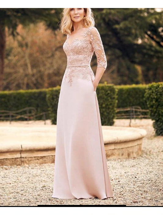 Sheath / Column Mother of the Bride Dress Elegant Simple Jewel Neck Floor Length Italy Satin Long Sleeve No with Sash / Ribbon Appliques