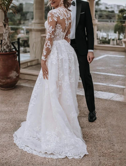 Beach Formal Wedding Dresses A-Line Illusion Neck Long Sleeve Sweep / Brush Train Lace Bridal Gowns With Pleats Solid Color