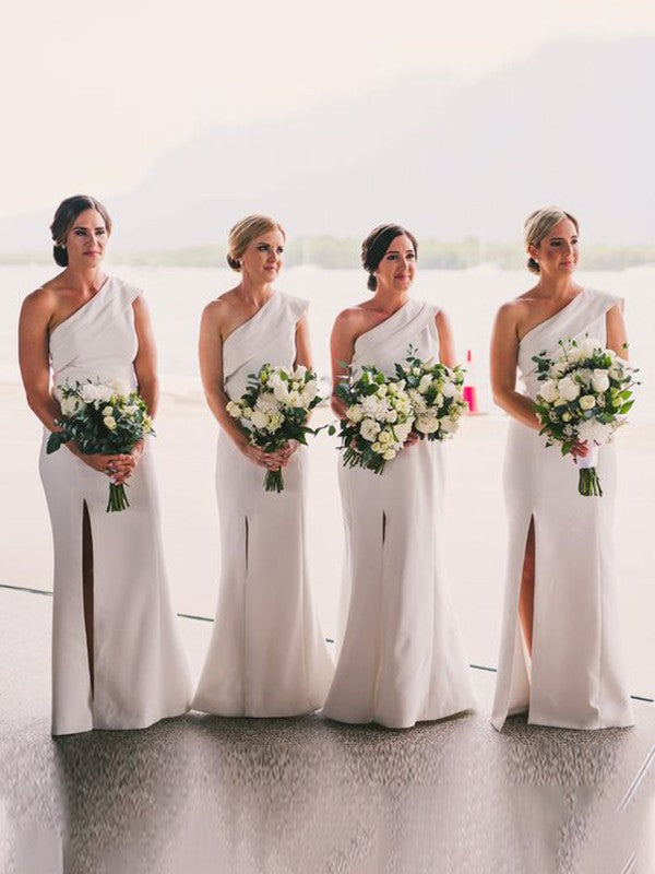 Sheath/Column Stretch Crepe Ruched One-Shoulder Sleeveless Floor-Length Bridesmaid Dresses