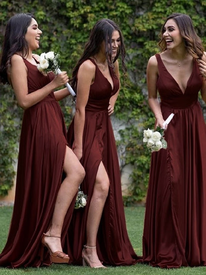 A-Line/Princess Silk Like Satin Ruched V-neck Sleeveless Sweep/Brush Train Bridesmaid Dresses