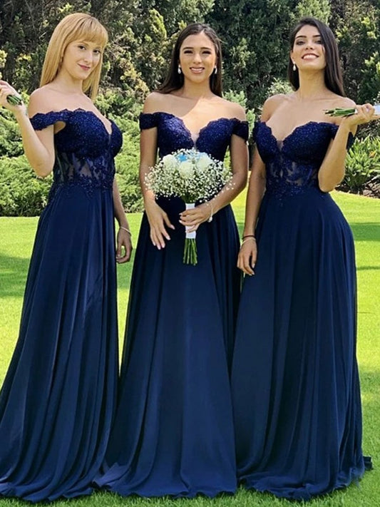 A-Line/Princess Chiffon Applique Off-the-Shoulder Sleeveless Sweep/Brush Train Bridesmaid Dresses