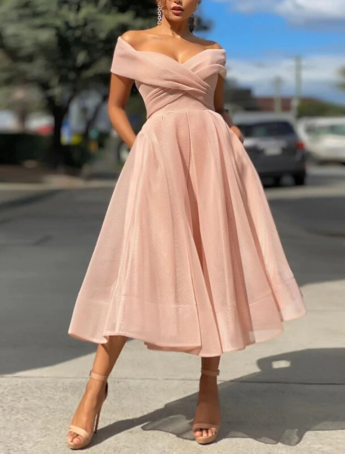 A-Line Prom Dresses Vintage Dress Wedding Guest Summer Tea Length Sleeveless Off Shoulder Organza Backless with Ruched