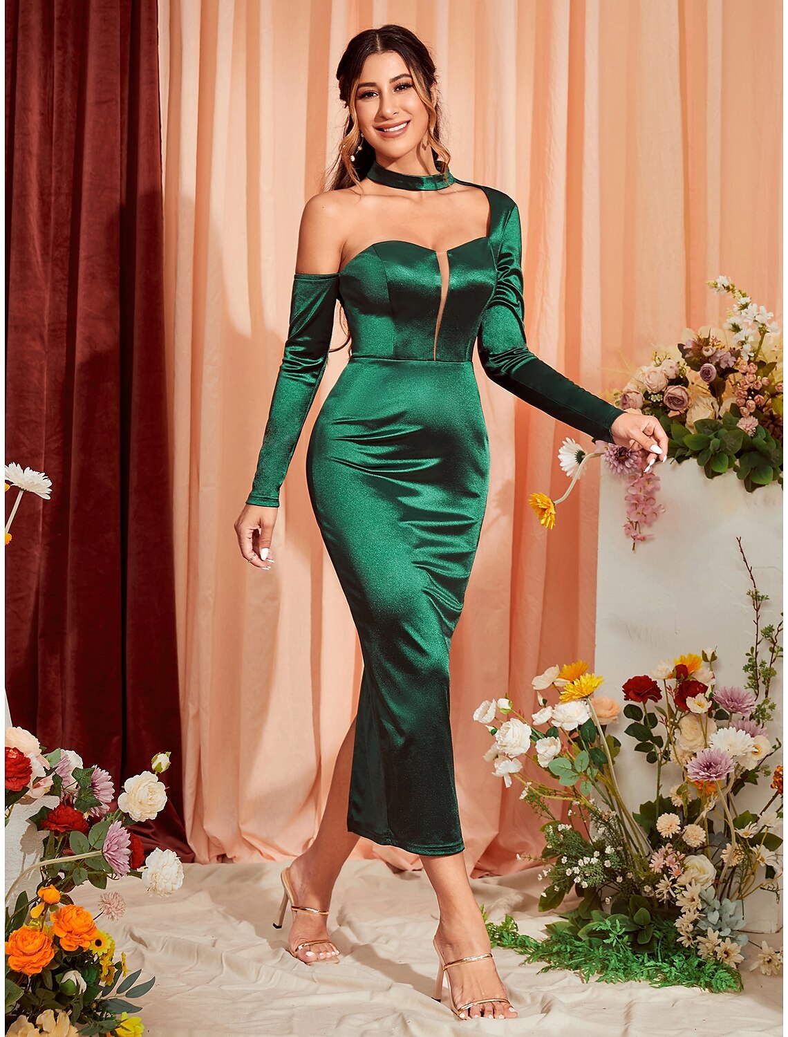 Mermaid / Trumpet Party Dresses Sexy Dress Wedding Party Tea Length Long Sleeve One Shoulder Stretch Satin with Ruched Slit