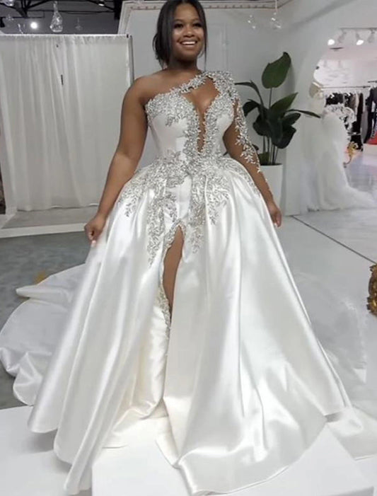 Formal Wedding Dresses Ball Gown One Shoulder Regular Straps Court Train Satin Bridal Gowns With Beading Split