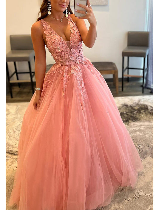 A-Line Prom Dresses Open Back Dress Formal Wedding Guest Floor Length Sleeveless V Neck Tulle Backless with Pleats Beading Appliques