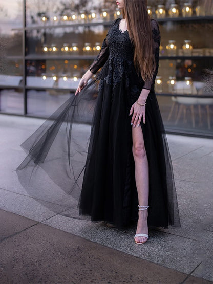 Ball Gown Tulle Long Sleeves Applique Off-the-Shoulder Floor-Length Dresses