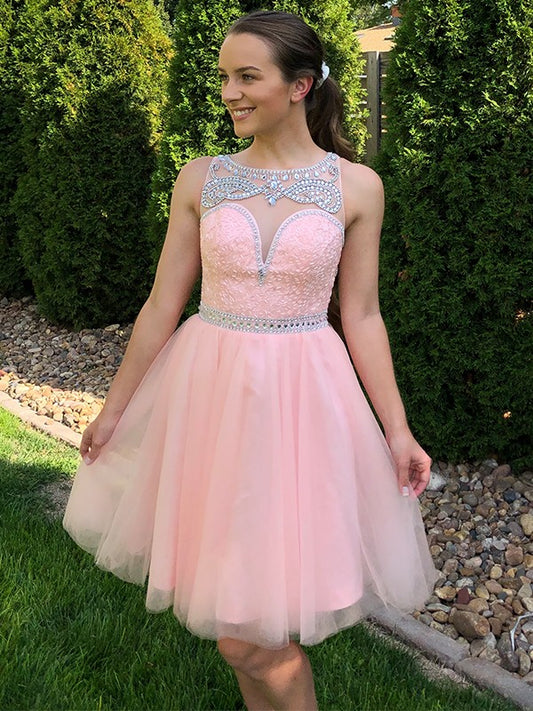 A-Line/Princess Scoop Tulle Sleeveless Beading Short/Mini Homecoming Dresses