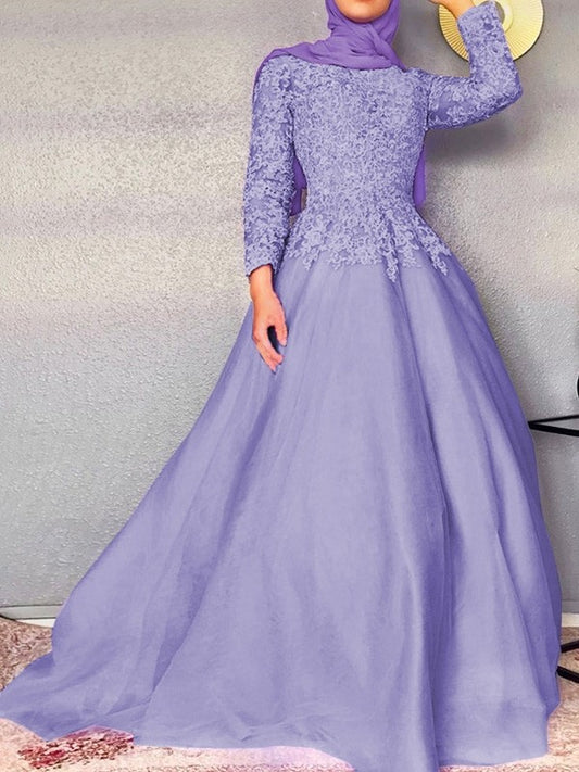 Ball Gown Long Sleeves Lace Tulle Jewel Floor-Length Dresses