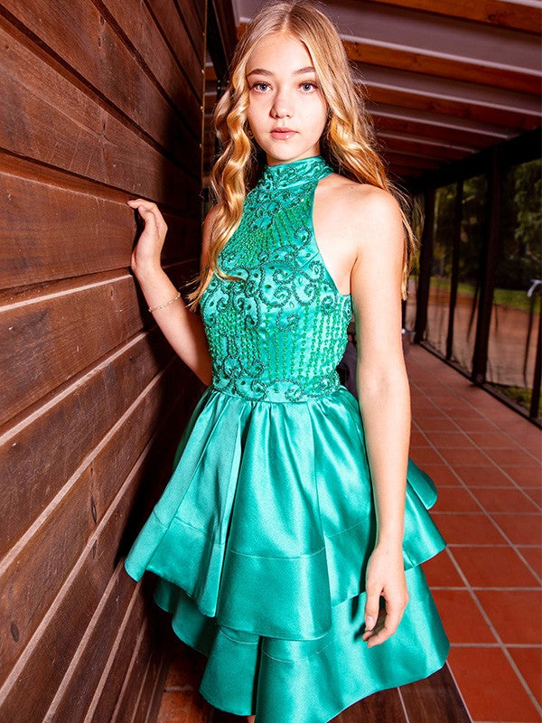 A-Line/Princess Satin Sleeveless Beading Jewel Short/Mini Homecoming Dresses