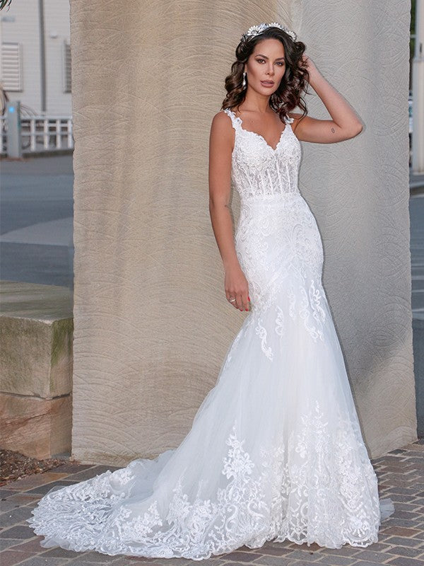 Trumpet/Mermaid Tulle V-neck Sleeveless Applique Sweep/Brush Train Wedding Dresses