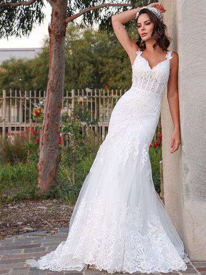 Trumpet/Mermaid Tulle V-neck Sleeveless Applique Sweep/Brush Train Wedding Dresses