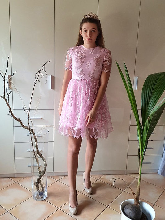 A-Line/Princess Short Sleeves Organza Sheer Neck Applique Short/Mini Homecoming Dresses