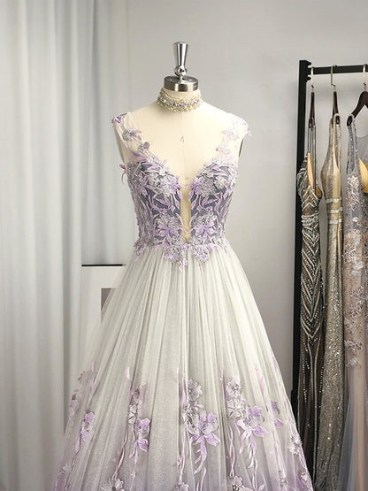 A-Line/Princess V-neck Tulle Applique Sleeveless Floor-Length Dresses