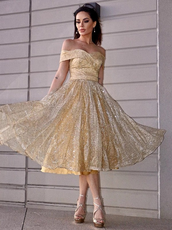 A-Line/Princess Ruched Off-the-Shoulder Sleeveless Tea-Length Homecoming Dresses