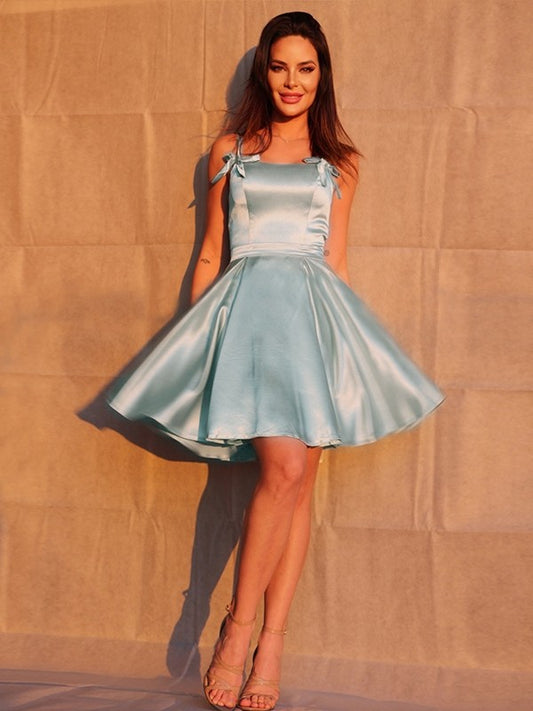 A-Line/Princess Ruffles Elastic Woven Satin Straps Sleeveless Short/Mini Homecoming Dresses