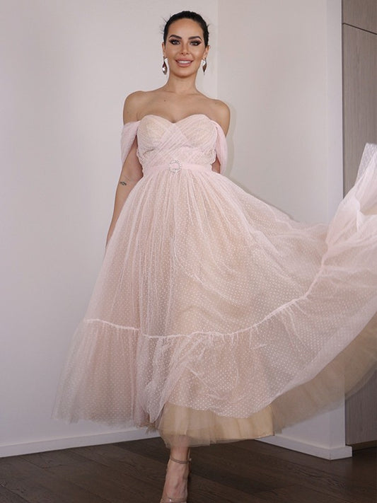 A-Line/Princess Lace Ruched Off-the-Shoulder Sleeveless Tea-Length Homecoming Dresses