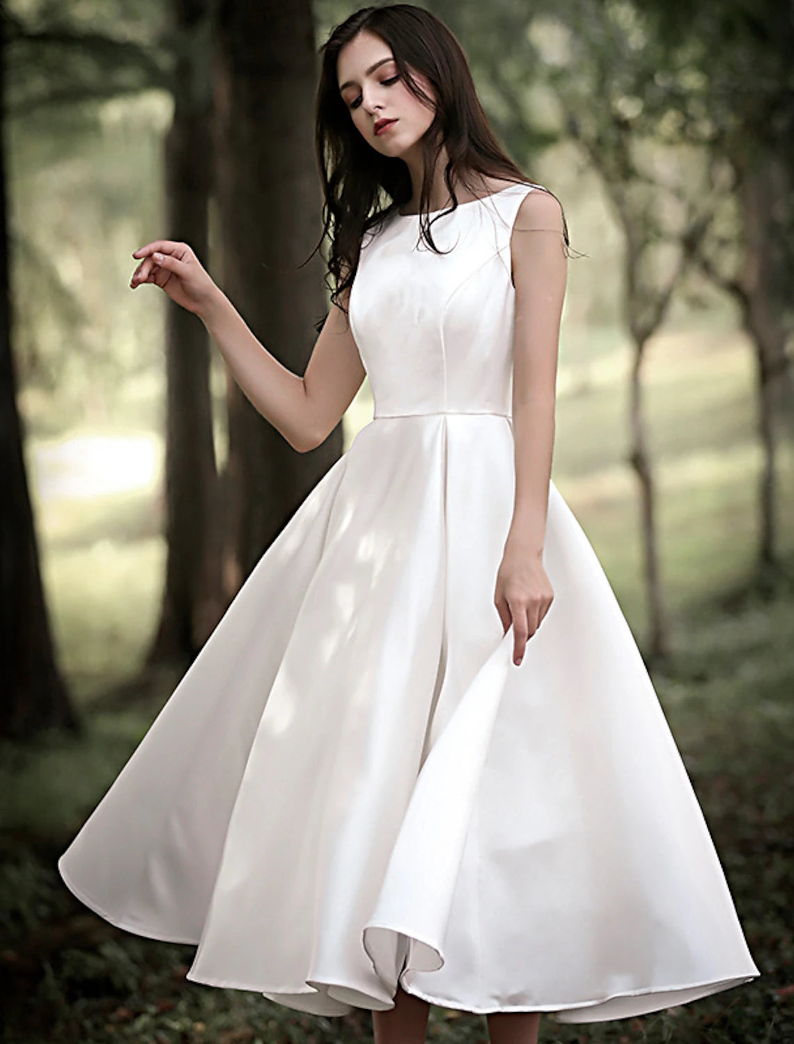 Reception Little White Dresses Wedding Dresses A-Line Scoop Neck Sleeveless Tea Length Satin Bridal Gowns With Solid Color