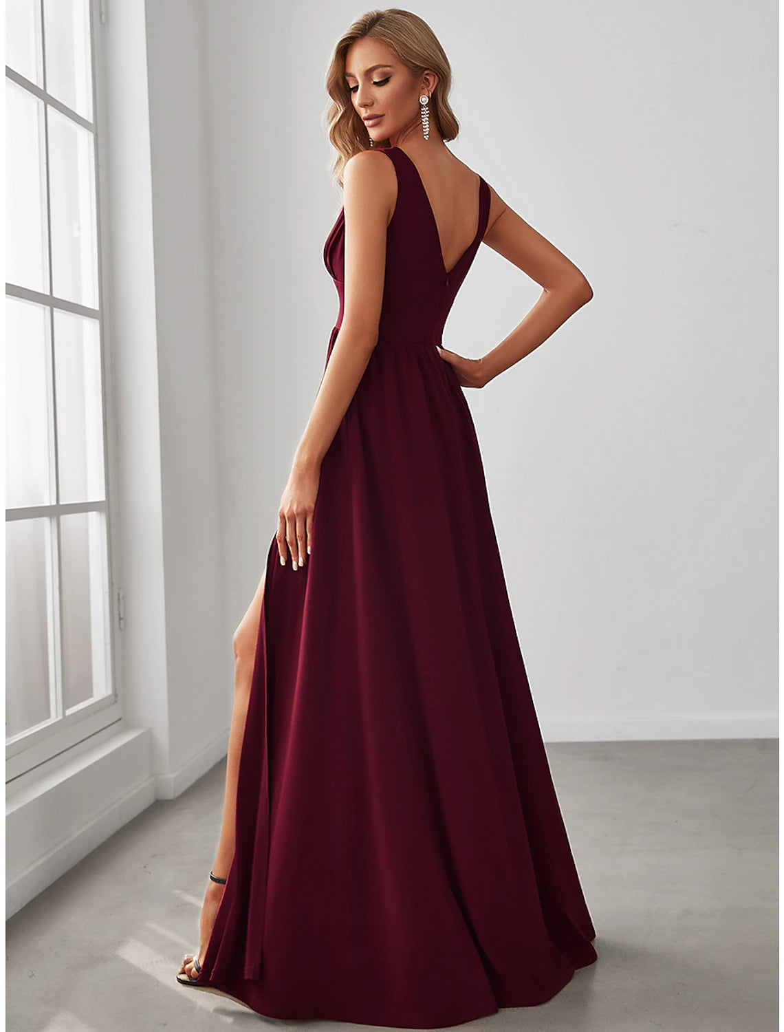 A-Line Prom Party Dress High Split Dress Wedding Guest Formal Evening Floor Length Sleeveless V Neck Bridesmaid Dress Chiffon V Back with Slit Pure