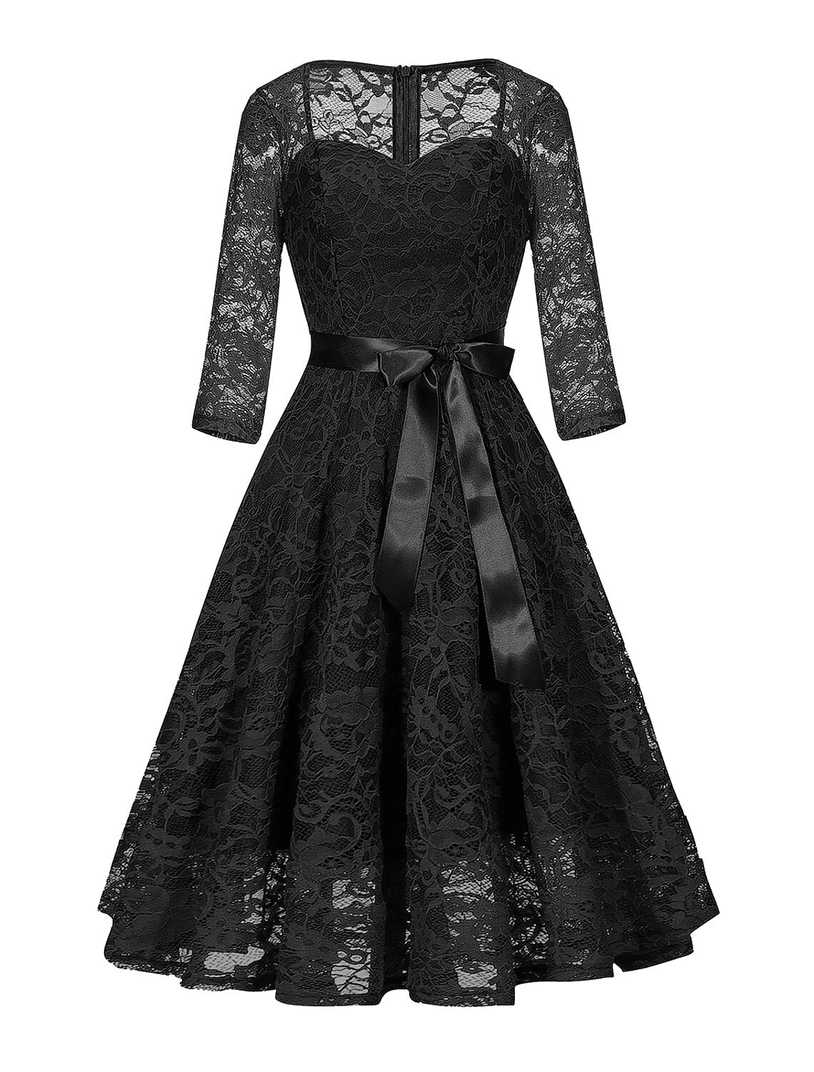 A-Line Cocktail Dresses Vintage Dress Party Wear Knee Length 3/4 Length Sleeve Square Neck Lace with Sleek Sash / Ribbon Pure Color