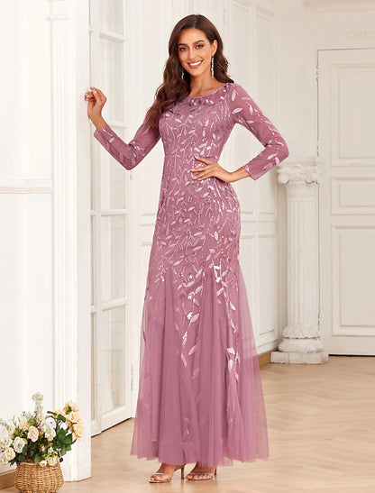Mermaid / Trumpet Evening Gown Elegant Dress Prom Floor Length Long Sleeve Jewel Neck Tulle with Embroidery