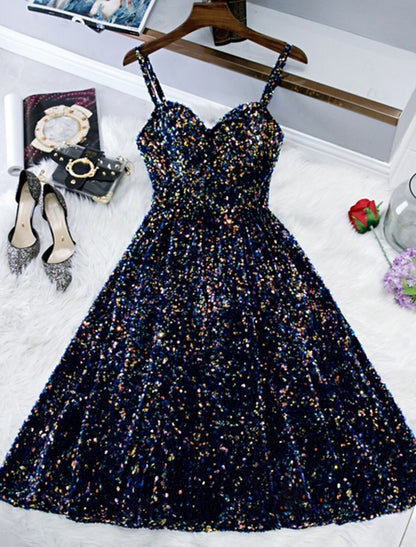 A-Line Sparkle & Shine Holiday Cocktail Party Dress Spaghetti Strap Sleeveless Knee Length Sequined with Sequin