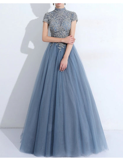 A-Line Evening Gown Vintage Dress Quinceanera Wedding Guest Floor Length Short Sleeve High Neck Tulle with Pleats Appliques