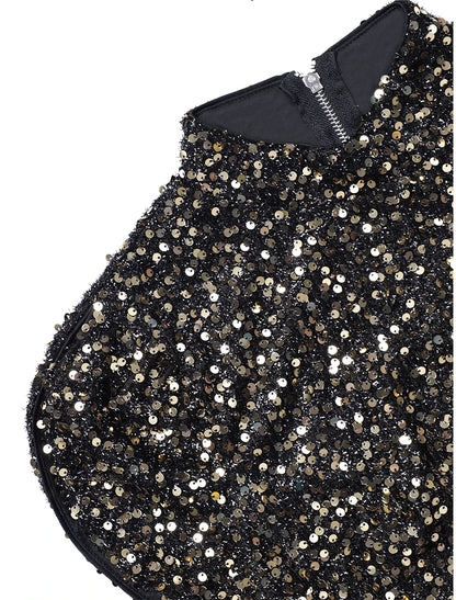 Women Sequin Dress Party Dress Sparkly Dress Homecoming Dress Bodycon Midi Dress Black Short Sleeve Fall Spring Summer Stand Collar Office