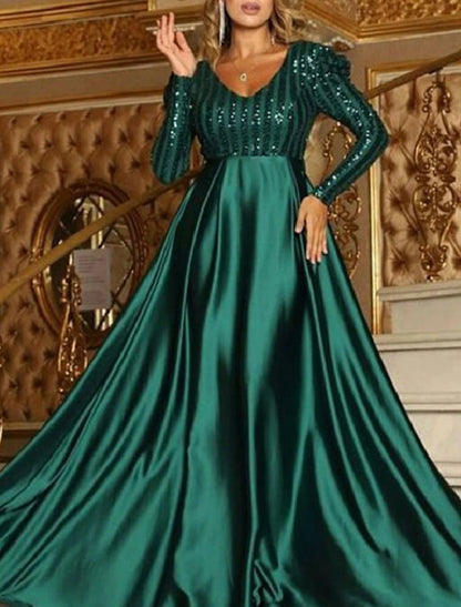 A-Line Sparkly Engagement Formal Evening Red Green Dress V Neck Long Sleeve Court Train Polyester with Sequin