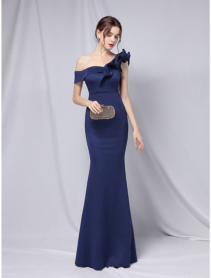 Mermaid Party Dress Evening Gown Empire Dress Wedding Guest Formal Evening Floor Length Short Sleeve One Shoulder Stretch Satin with Ruffles