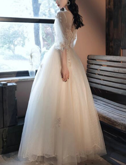 Ball Gown Vintage Floral Quinceanera Prom Dress V Neck Half Sleeve Floor Length Tulle with Pleats Embroidery