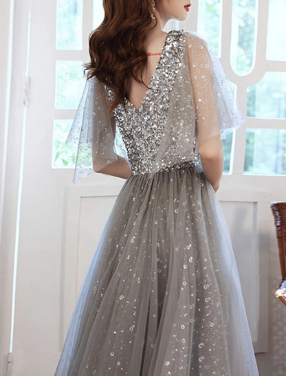 A-Line Evening Gown Sparkle Dress Wedding Guest Formal Evening Floor Length Half Sleeve V Neck Tulle with Sequin Splicing