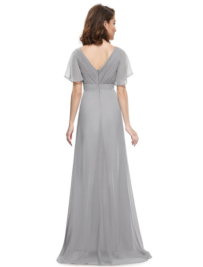 A-Line Empire Fall Wedding Guest Dress For Bridesmaid Plus Size Formal Evening Dress V Neck Short Sleeve Floor Length Chiffon with Pleats Ruched