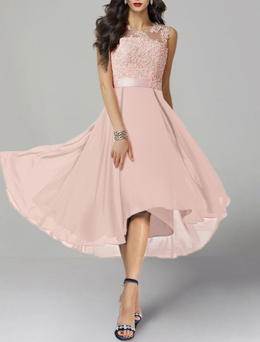 A-Line Cocktail Dresses High Low Dress Wedding Guest Asymmetrical Sleeveless Jewel Neck Chiffon with Appliques