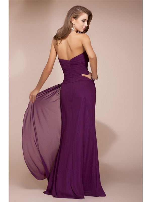 Sheath/Column Sweetheart Sleeveless Long Beading Ruffles Chiffon Bridesmaid Dresses