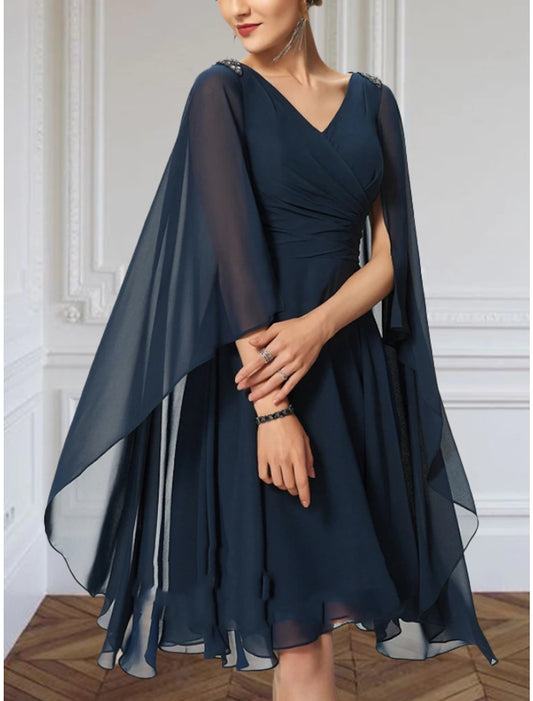 A-Line Wedding Guest Dresses Elegant Cape Dress Formal Fall Knee Length Sleeveless V Neck Chiffon with Pleats Ruched Crystals